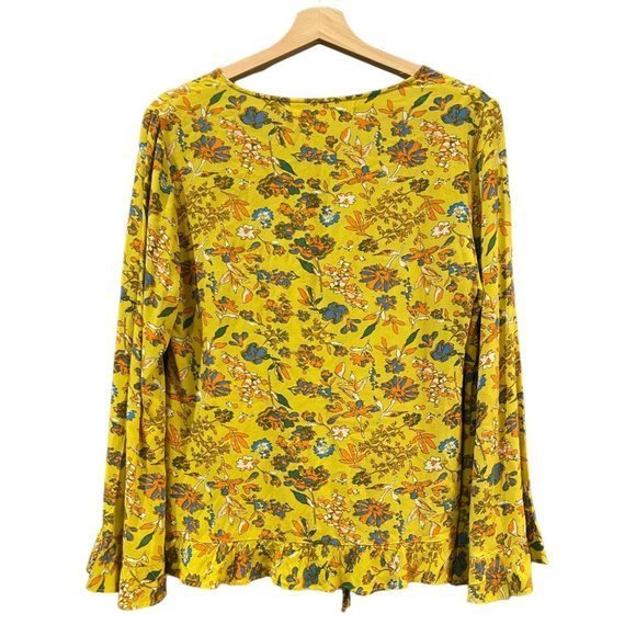 Chelsea & Violet Womens Yellow Long Sleeve Blouse Small Ruched Front Peasant - Picture 2 of 3